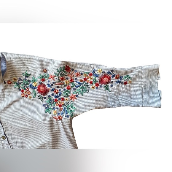 NYLON APPAREL women's embroidered striped button up blouse in blue - Picture 2 of 7